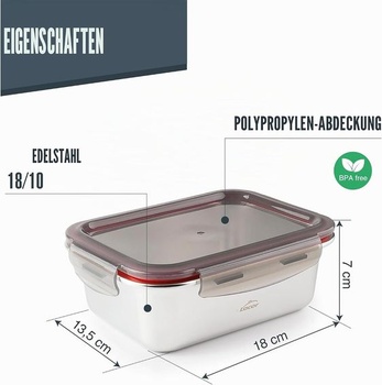 Lacor - 64610 - Obdĺžniková nádoba na potraviny Ecoinox, nerezová oceľ 18/10, 800 ml, vhodná do