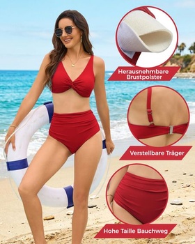 Dámská bikinová souprava Bauchweg, bikiny s vysokým pasem, push-up střih M, červená