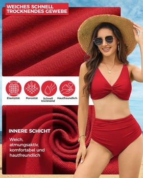 Dámská bikinová souprava Bauchweg, bikiny s vysokým pasem, push-up střih M, červená
