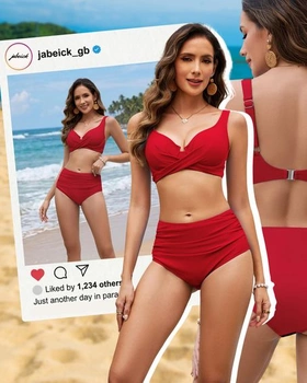 Dámský set bikin s kosticemi, bikiny s korekcí bříška, vysoký pas, velikost L, červená