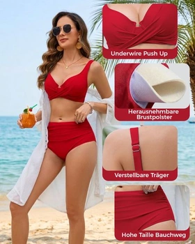 Dámský set bikin s kosticemi, bikiny s korekcí bříška, vysoký pas, velikost L, červená
