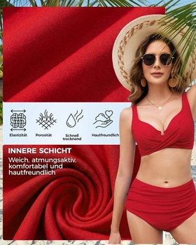 Dámský set bikin s kosticemi, bikiny s korekcí bříška, vysoký pas, velikost L, červená