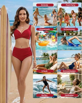 Dámský set bikin s kosticemi, bikiny s korekcí bříška, vysoký pas, velikost L, červená