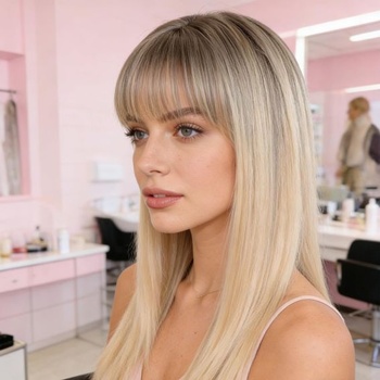 Paruka Ombré, hladká, tepelně odolná syntetická vlákna, barva od kořene hnědá až světle blond,