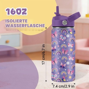 Darčeková fľaša s motýlím motívom, fialová fľaša na vodu s objemom 16 oz so slamkou, izolovaný pohár