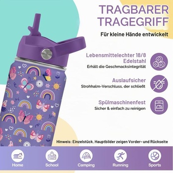 Darčeková fľaša s motýlím motívom, fialová fľaša na vodu s objemom 16 oz so slamkou, izolovaný pohár