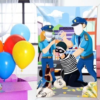 DPKOW Foto rekvizity s policajným zlodejom, hra s vtipnou tvárou v diere pre deti, dekorácia na