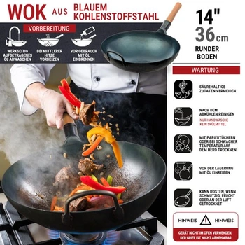 YOSUKATA Woky a panvice Wok z uhlíkovej ocele s okrúhlym dnom 36 cm modrej 36 cm