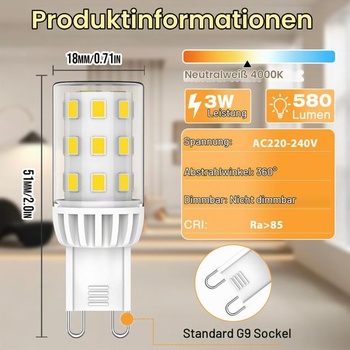 LED žárovky G9, neutrální bílá 4000K, 580LM, 3W ekvivalent 60W halogenové žárovky, energeticky