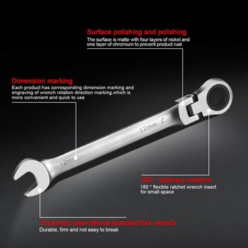 WISEUP Flexibilný račňový kľúč, 22 mm, nastaviteľný uhol 180 °, priemyselný protišmykový očkový kľúč