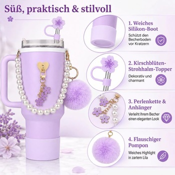 Doplňky LEMONSTONE pro Stanley Cup fialové, 7 kusů, včetně korálkové rukojeti, krytu s květinovým