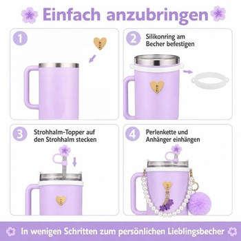 Doplňky LEMONSTONE pro Stanley Cup fialové, 7 kusů, včetně korálkové rukojeti, krytu s květinovým