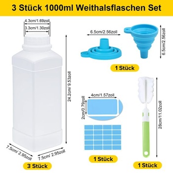 3 x 1000ml fľaše so širokým hrdlom a skrutkovacím uzáverom, HDPE