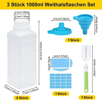3 x 1000ml lahve se širokým hrdlem a šroubovacím uzávěrem, HDPE