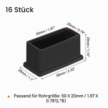 QUARKZMAN 16 kusů PVC čtvercových krytek nohou na židle, vnější průměr 50x20 mm, černé, 50 mm x 20