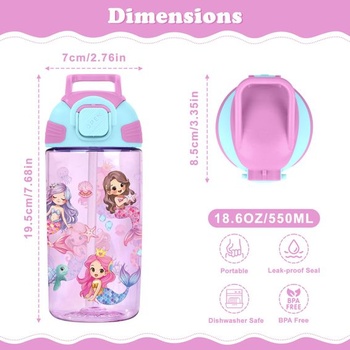 Detská fľaša na pitie 550ml, nepriepustná, so slamkou, tritanový design, morská panna
