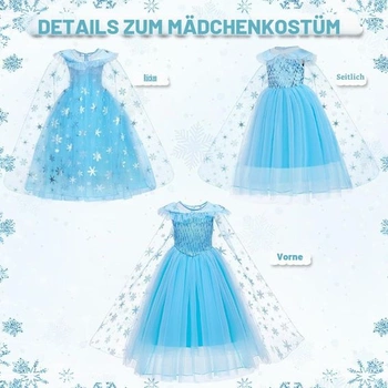 Princeznovské šaty pro dívky, princeznovské šaty pro děti, modré, včetně korunky, šperků a hůlky,