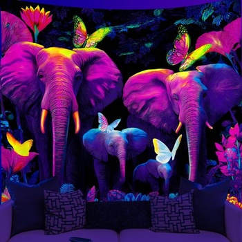 WEBEEDY Blacklight/UV reaktívny sloní gobelín psychedelický sloní rodinný gobelín na stenu čierny