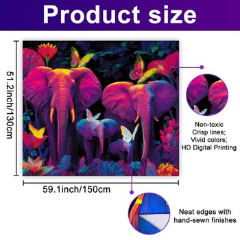 WEBEEDY Blacklight/UV reaktivní sloní gobelín psychedelický sloní rodinný gobelín na zeď černý
