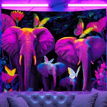 WEBEEDY Blacklight/UV reaktívny sloní gobelín psychedelický sloní rodinný gobelín na stenu čierny