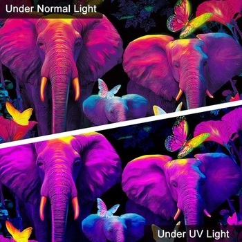 WEBEEDY Blacklight/UV reaktívny sloní gobelín psychedelický sloní rodinný gobelín na stenu čierny
