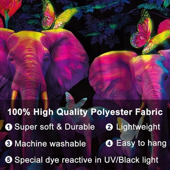 WEBEEDY Blacklight/UV reaktívny sloní gobelín psychedelický sloní rodinný gobelín na stenu čierny