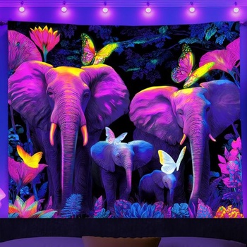 WEBEEDY Blacklight/UV reaktívny sloní gobelín psychedelický sloní rodinný gobelín na stenu čierny