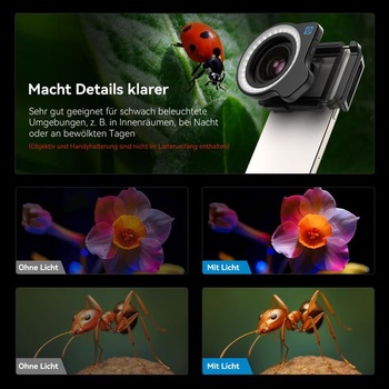 Doplňkové světlo APEXEL pro makro objektivy se závitem 37/52 mm a svorkou, 45 režimů svícení,