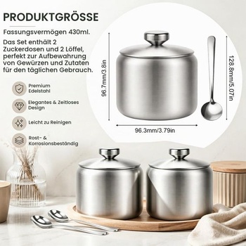 Sada 2 nádob na cukor TIANLIN s guľatou rukoväťou, cukornička 430 ml s vekom, vyrobené z nerezovej ocele