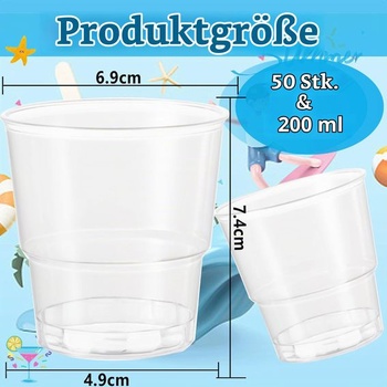 50 opakovane použiteľných plastových kelímkov, 200ml, priehľadné párty kelímky, jednorazové kelímky,