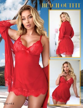 RSLOVE Sexy spodná bielizeň pre ženy čipková babydoll s županom nočná košieľka na spanie XL červená