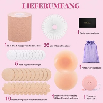 Sada pásek na prsa s 10 páry vložek na bradavky, samolepicí podprsenka, push-up, velikost L, béžová