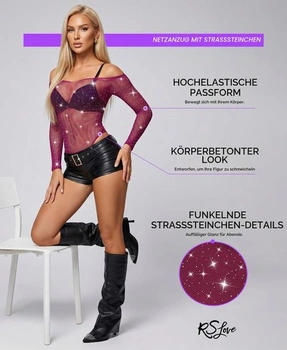 Dámské sexy síťované body RSLOVE - spodní prádlo s kamínky, jedna velikost, hroznově fialová
