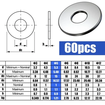 Matice Matice OT 60 kusů Podložky M5 DIN 9021 A2 V2A Nerezové podložky M5 Tělesné podložky Nerezové
