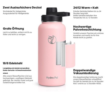 HydroPal nerezová izolovaná fľaša, 1l fľaša na pitie so slamkou a 2 viečkami, ružová – jahodový mliečny