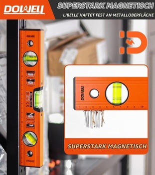 Magnetická vodováha DOWELL s metrickou stupnicou 300 mm/12 palcov, 3 rôzne libely - 45°/90°/180° 300
