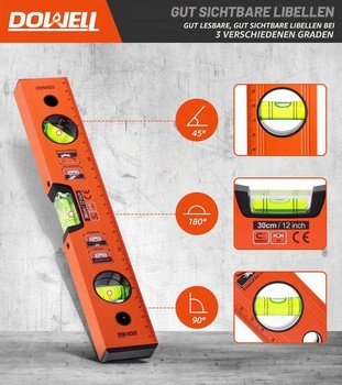 Magnetická vodováha DOWELL s metrickou stupnicou 300 mm/12 palcov, 3 rôzne libely - 45°/90°/180° 300