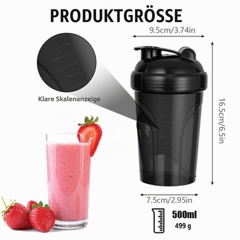 Proteínový šejker, 500ml s odmerkou, sitkom a skrutkovacím uzáverom, nepriepustný, odolný, bez BPA a