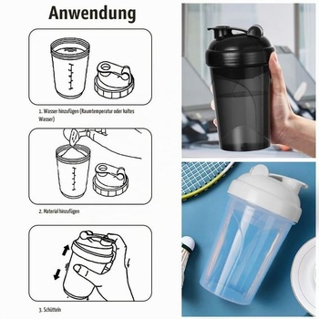 Proteínový šejker, 500ml s odmerkou, sitkom a skrutkovacím uzáverom, nepriepustný, odolný, bez BPA a