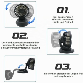USB ventilátor do auta, 360° otočný ventilátor do auta se 3 rychlostmi, silný proud vzduchu,