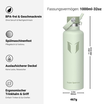 Fľaša na vodu Sparrow z nerezovej ocele 500ml/750ml/1l/1,2l termoska so slamkou 1000ml C- Emerald