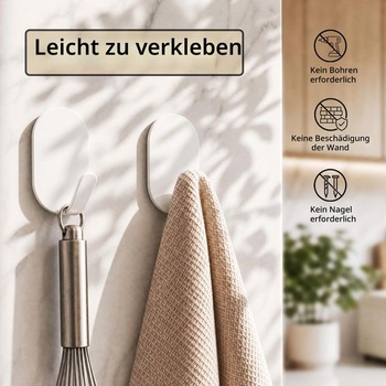 Samolepicí háčky, není nutné vrtat, sada 6 ks, bílé, do 5 kg, bílé, 6 lakovaných