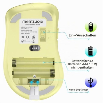 Bezdrátová myš memzuoix, 5 tlačítek, 1400 DPI, 2,4 GHz, USB přijímač – žlutá