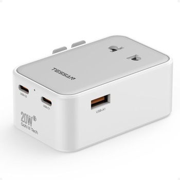 TESSAN Cestovný adaptér Worldwide PD 20W, Univerzálny cestovný adaptér, Sivý, 3 USB (2 USB C) - 20W