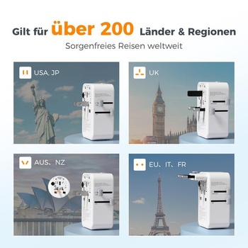 TESSAN Cestovný adaptér Worldwide PD 20W, Univerzálny cestovný adaptér, Sivý, 3 USB (2 USB C) - 20W