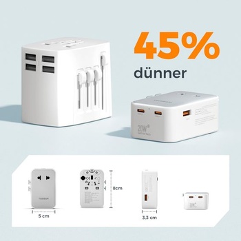 TESSAN Cestovný adaptér Worldwide PD 20W, Univerzálny cestovný adaptér, Sivý, 3 USB (2 USB C) - 20W