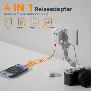 TESSAN Cestovný adaptér Worldwide PD 20W, Univerzálny cestovný adaptér, Sivý, 3 USB (2 USB C) - 20W