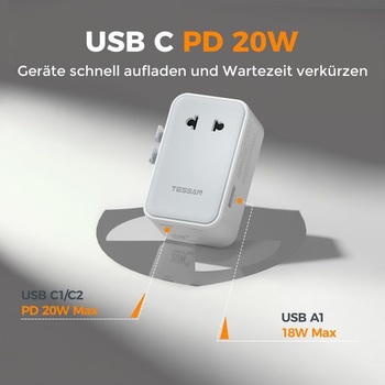TESSAN Cestovný adaptér Worldwide PD 20W, Univerzálny cestovný adaptér, Sivý, 3 USB (2 USB C) - 20W