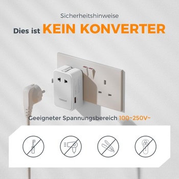 TESSAN Cestovný adaptér Worldwide PD 20W, Univerzálny cestovný adaptér, Sivý, 3 USB (2 USB C) - 20W
