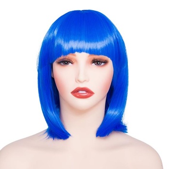 Modrá bob paruka pro ženy s ofinou, rovný styl, pro ženy, karneval, cosplay, modrá, 28 cm